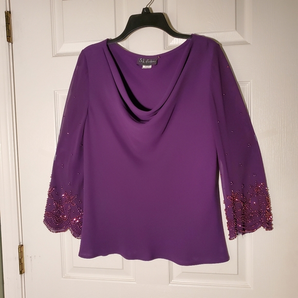 SL Fashions Tops - S. L. Fashions Drape Neck Top, Beaded Sleeves